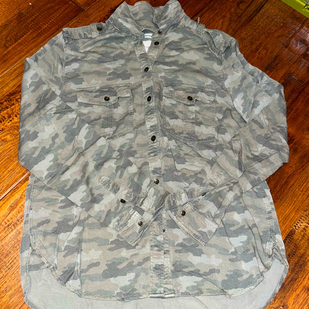 camo boyfriend fit button down top